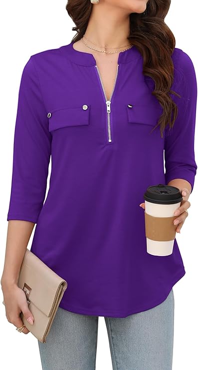 Womens 3/4 Sleeve Business Casual Tops Zip V Neck Work Tunic Blouses Shirts