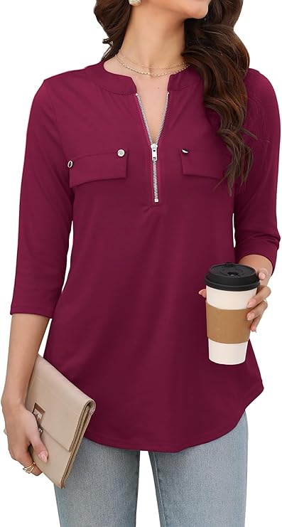 Womens 3/4 Sleeve Business Casual Tops Zip V Neck Work Tunic Blouses Shirts