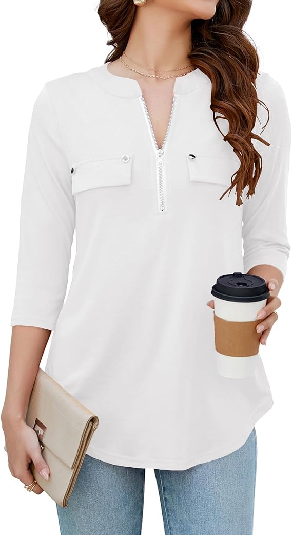 Womens 3/4 Sleeve Business Casual Tops Zip V Neck Work Tunic Blouses Shirts