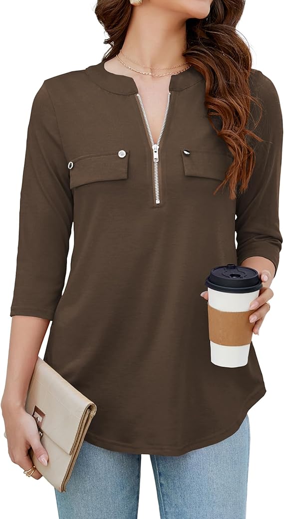 Womens 3/4 Sleeve Business Casual Tops Zip V Neck Work Tunic Blouses Shirts