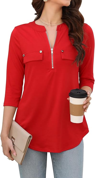 Womens 3/4 Sleeve Business Casual Tops Zip V Neck Work Tunic Blouses Shirts