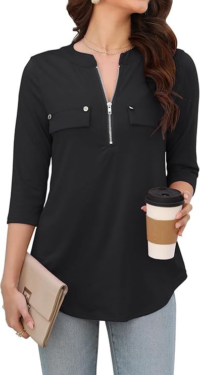 Womens 3/4 Sleeve Business Casual Tops Zip V Neck Work Tunic Blouses Shirts