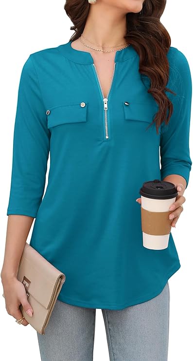 Womens 3/4 Sleeve Business Casual Tops Zip V Neck Work Tunic Blouses Shirts