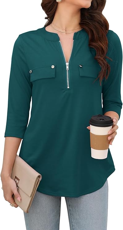 Womens 3/4 Sleeve Business Casual Tops Zip V Neck Work Tunic Blouses Shirts