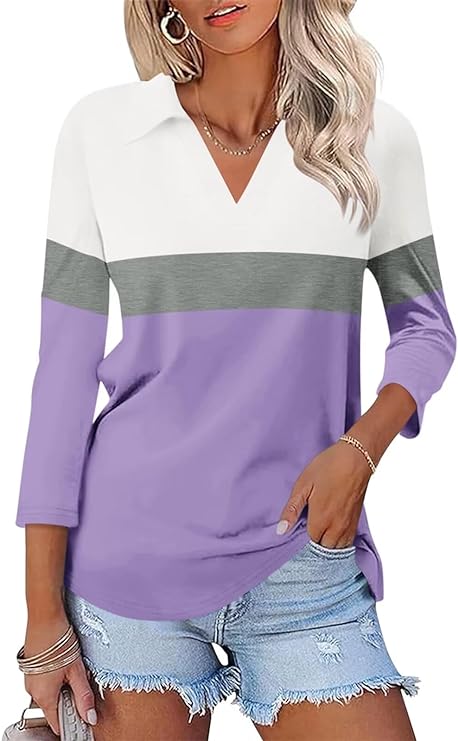 Women's 3/4 Sleeves V Neck Polo Shirts Casual Summer Tops
