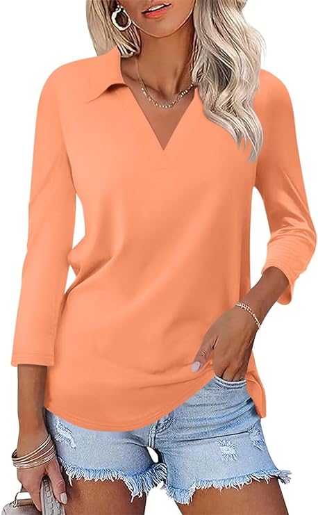 Women's 3/4 Sleeves V Neck Polo Shirts Casual Summer Tops