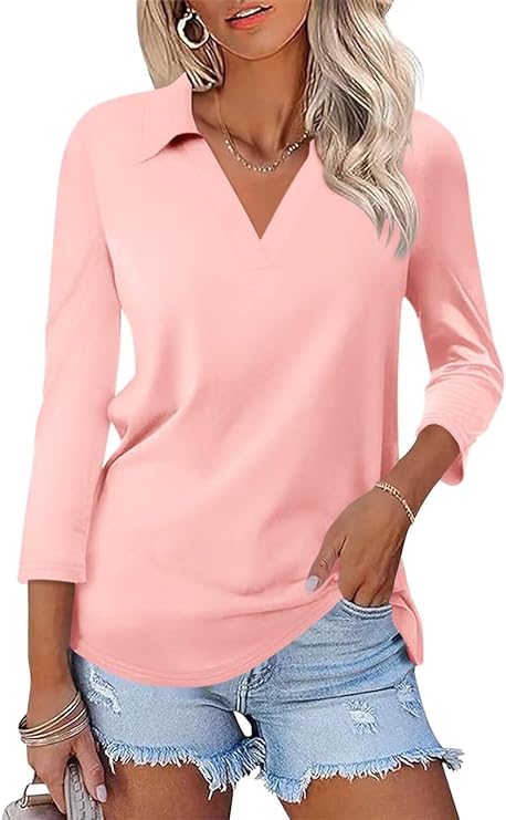 Women's 3/4 Sleeves V Neck Polo Shirts Casual Summer Tops
