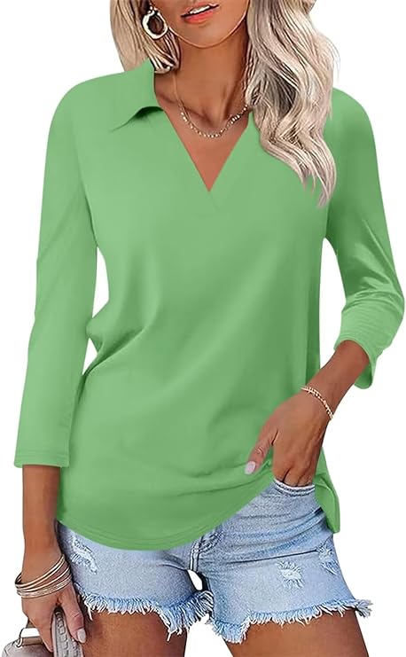 Women's 3/4 Sleeves V Neck Polo Shirts Casual Summer Tops