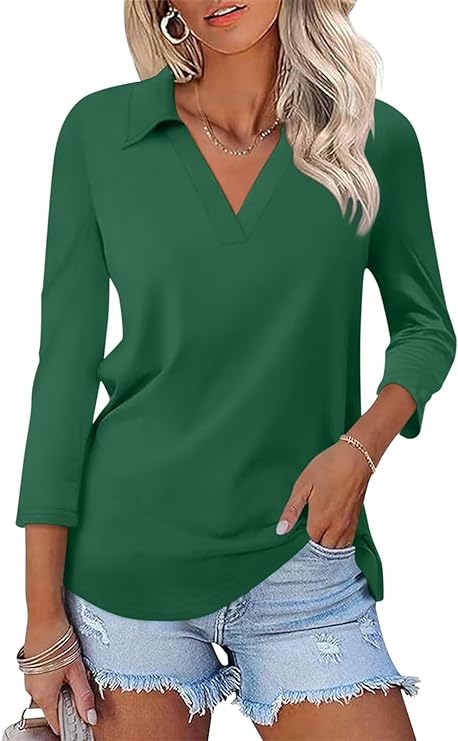 Women's 3/4 Sleeves V Neck Polo Shirts Casual Summer Tops