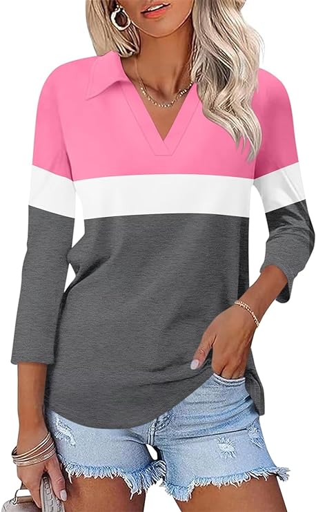Women's 3/4 Sleeves V Neck Polo Shirts Casual Summer Tops