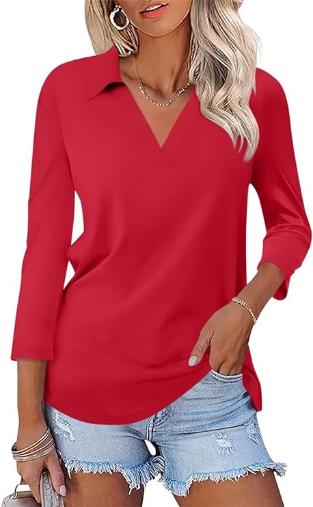 Women's 3/4 Sleeves V Neck Polo Shirts Casual Summer Tops