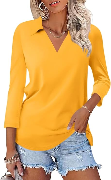 Women's 3/4 Sleeves V Neck Polo Shirts Casual Summer Tops