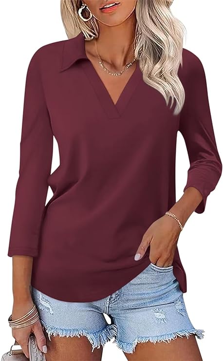 Women's 3/4 Sleeves V Neck Polo Shirts Casual Summer Tops