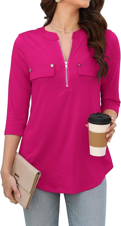 Womens 3/4 Sleeve Business Casual Tops Zip V Neck Work Tunic Blouses Shirts