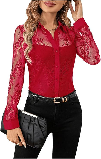 Women's Lace Sheer Long Sleeve Button Down Collar Shirt Tops Sexy Business Casual Blouse Top