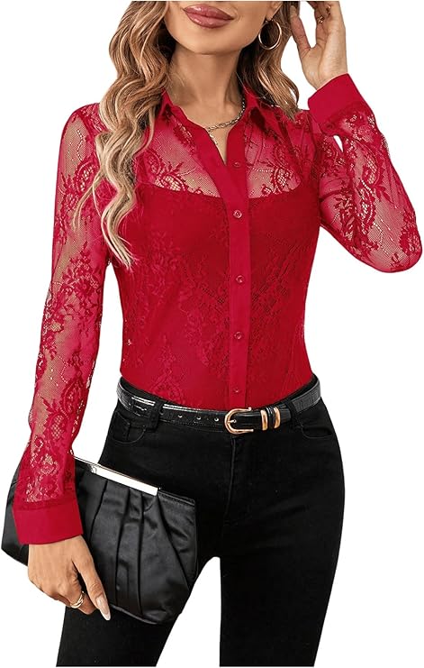 Women's Lace Sheer Long Sleeve Button Down Collar Shirt Tops Sexy Business Casual Blouse Top