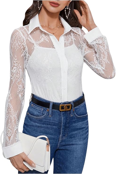 Women's Lace Sheer Long Sleeve Button Down Collar Shirt Tops Sexy Business Casual Blouse Top