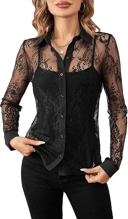 Women's Lace Sheer Long Sleeve Button Down Collar Shirt Tops Sexy Business Casual Blouse Top