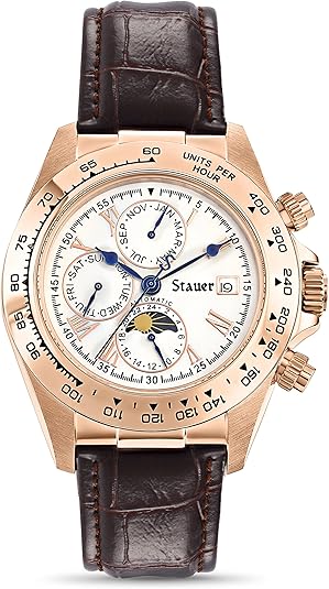 Stauer Speedway Automatic Watch for Men – Iconic Design Analog Watch – Crocodile-Embossed Brown Leather Watch Band – Rose Gold-Finished Watch