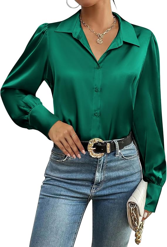 Womens Satin Blouse Lantern Long Sleeve Silk Button Down Shirt Dressy Casual Business Work Tunic Tops