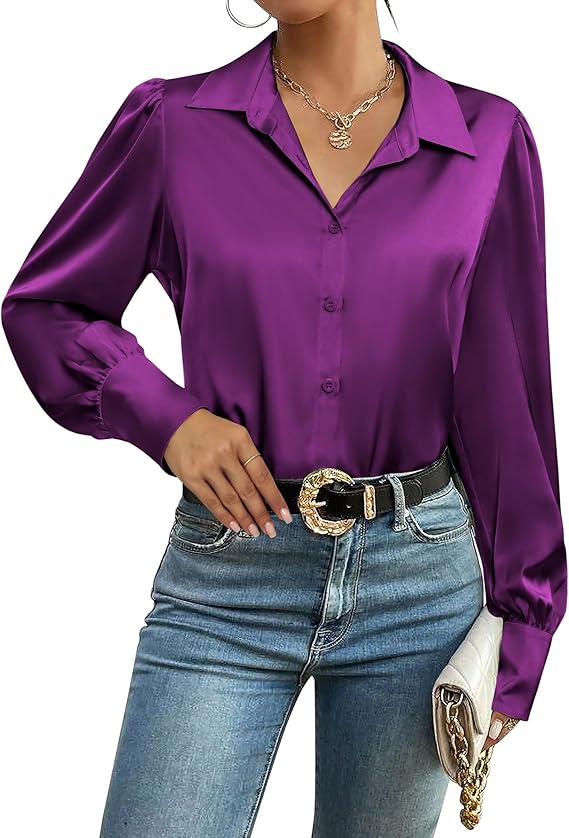 Womens Satin Blouse Lantern Long Sleeve Silk Button Down Shirt Dressy Casual Business Work Tunic Tops
