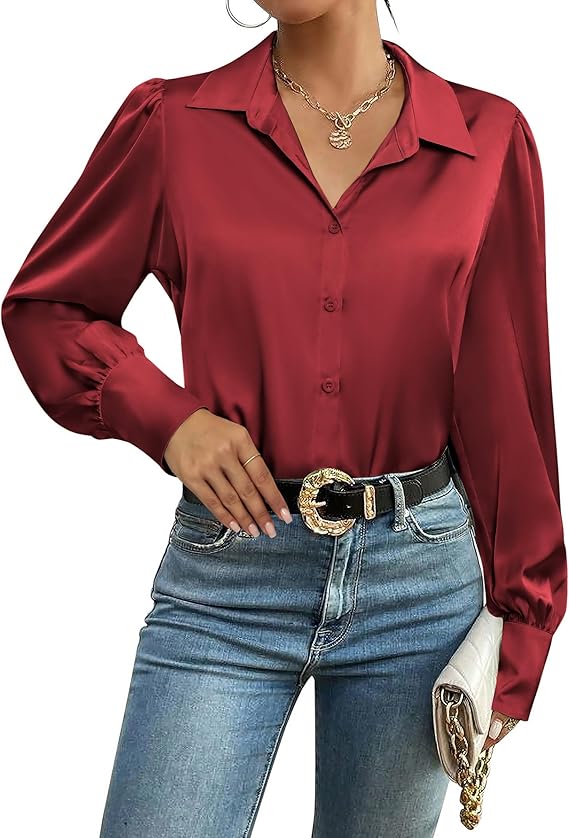 Womens Satin Blouse Lantern Long Sleeve Silk Button Down Shirt Dressy Casual Business Work Tunic Tops