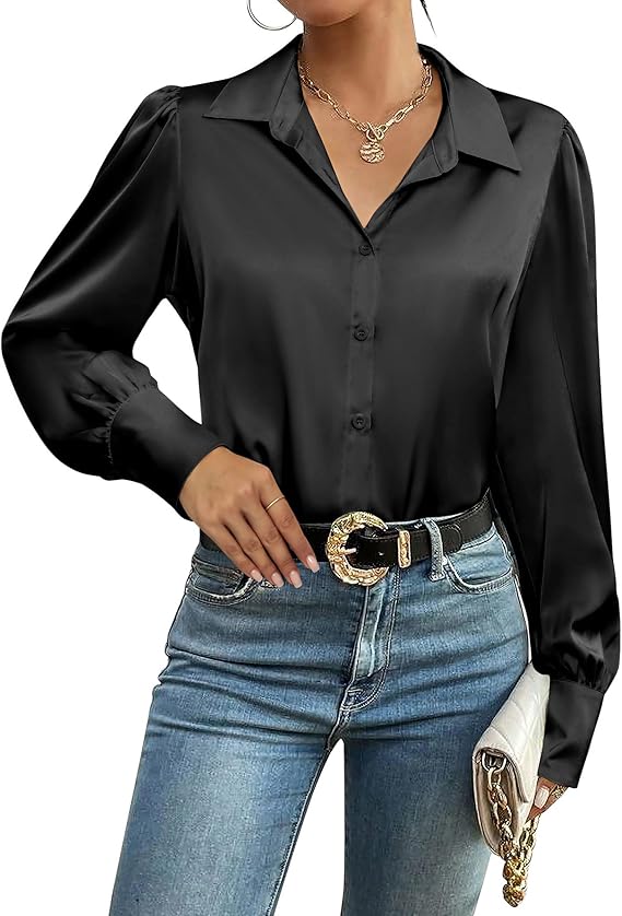 Womens Satin Blouse Lantern Long Sleeve Silk Button Down Shirt Dressy Casual Business Work Tunic Tops