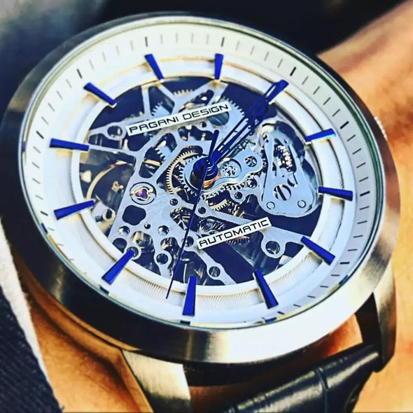 PAGANI DESIGN Men's Automatic Skeleton Mechanical Leather Waterproof Watch