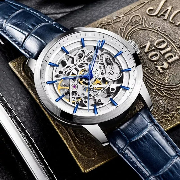 PAGANI DESIGN Men's Automatic Skeleton Mechanical Leather Waterproof Watch