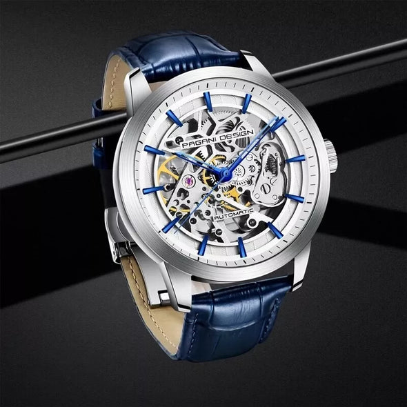 PAGANI DESIGN Men's Automatic Skeleton Mechanical Leather Waterproof Watch