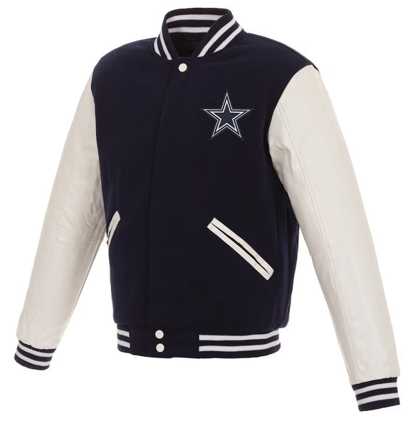 Dallas Cowboys JH Design Reversible Fleece Jacket with Faux Leather Sleeves - Navy/White