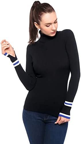 Women Long Sleeve Striped Split Cuff Turtleneck Ribbed Pullover Sweater