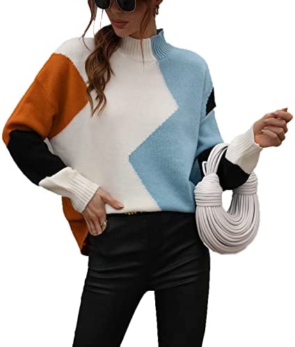 Women's Sweaters Casual Long Sleeve Crewneck Color Block Patchwork Pullover Knit Sweater Tops
