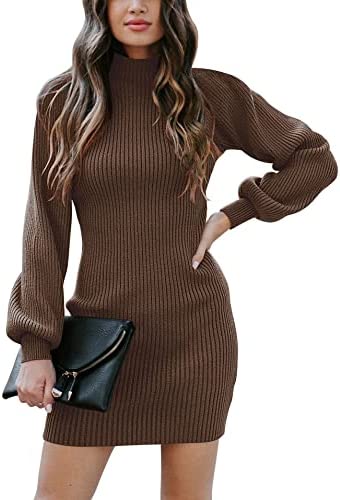Women Turtleneck Long Sleeve Knit Stretchable Elasticity Slim Sweater Bodycon Mini Sweater Dress