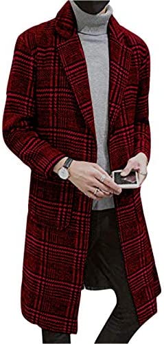 Men's Casual Notch Lapel Single Breasted Plaid Mid Long Trench Pea Coat