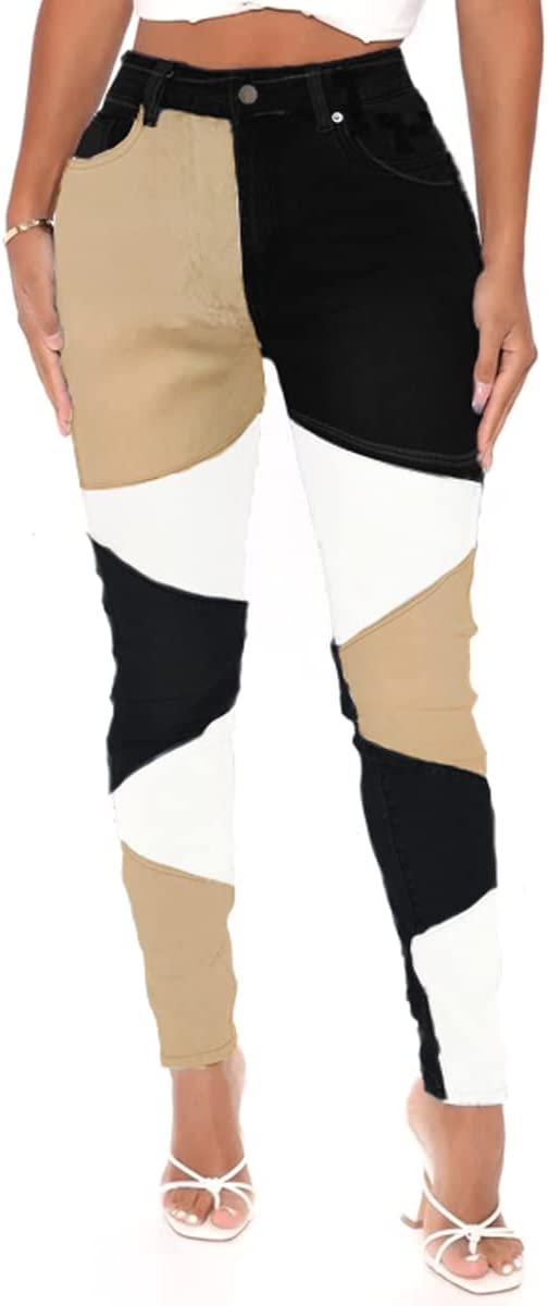 Women Mid Waist Stretchy Patchwork Denim Pants Jeans