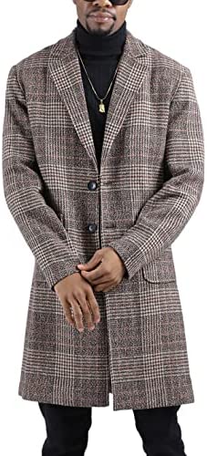 Men's Casual Notch Lapel Single Breasted Plaid Mid Long Trench Pea Coat