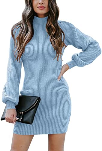 Women Turtleneck Long Sleeve Knit Stretchable Elasticity Slim Sweater Bodycon Mini Sweater Dress