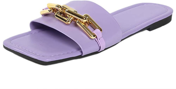 Women Synthetic Leather Flat Sandals - Leather Strap Slides with Chain Open toe Summer Slippers