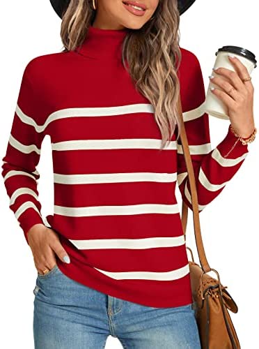 Women Winter Turtle Necks Striped Knit Sweater Long Sleeve Pullover Casual Color Block Tops 2022