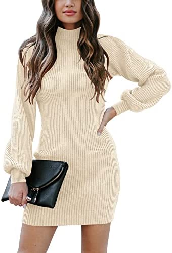 Women Turtleneck Long Sleeve Knit Stretchable Elasticity Slim Sweater Bodycon Mini Sweater Dress