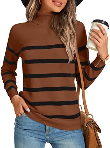 Women Winter Turtle Necks Striped Knit Sweater Long Sleeve Pullover Casual Color Block Tops 2022