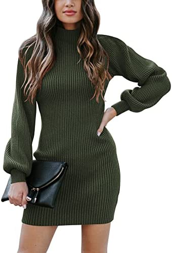 Women Turtleneck Long Sleeve Knit Stretchable Elasticity Slim Sweater Bodycon Mini Sweater Dress