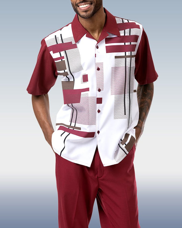 Burgundy Geometric Print Walking Suit 2 Piece Short Sleeve Set
