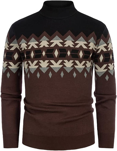 Men's Vintage Contrast Turtleneck Pullovers Sweater Fair Isle Print Knitwear