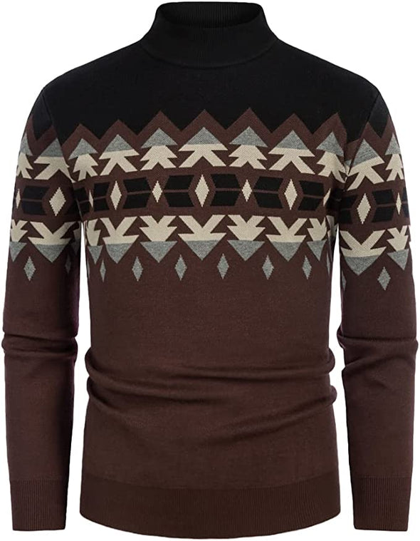 Men's Vintage Contrast Turtleneck Pullovers Sweater Fair Isle Print Knitwear