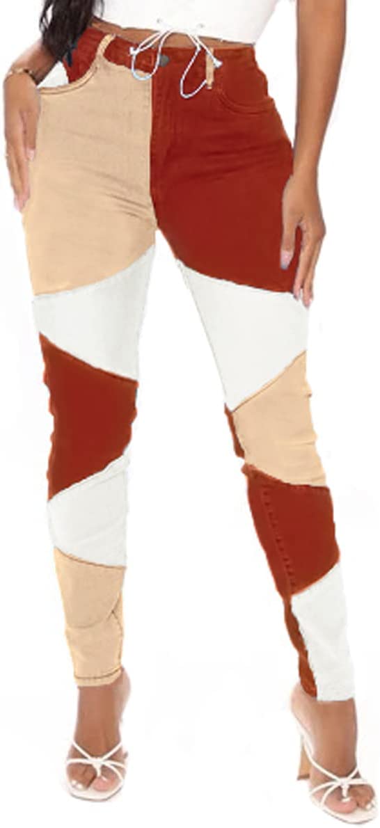 Women Mid Waist Stretchy Patchwork Denim Pants Jeans