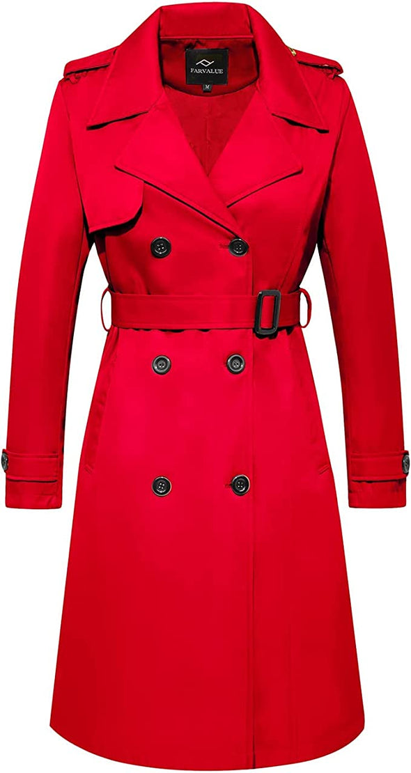 Women's Long Trenchcoat Double Breasted Trench Coat Water Resistant Classic Peacoat with Belt