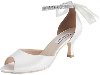 Women's Open Toe Low Heel Pumps Sandals Bridal Wedding Shoes for Bride Ankle Strap Satin