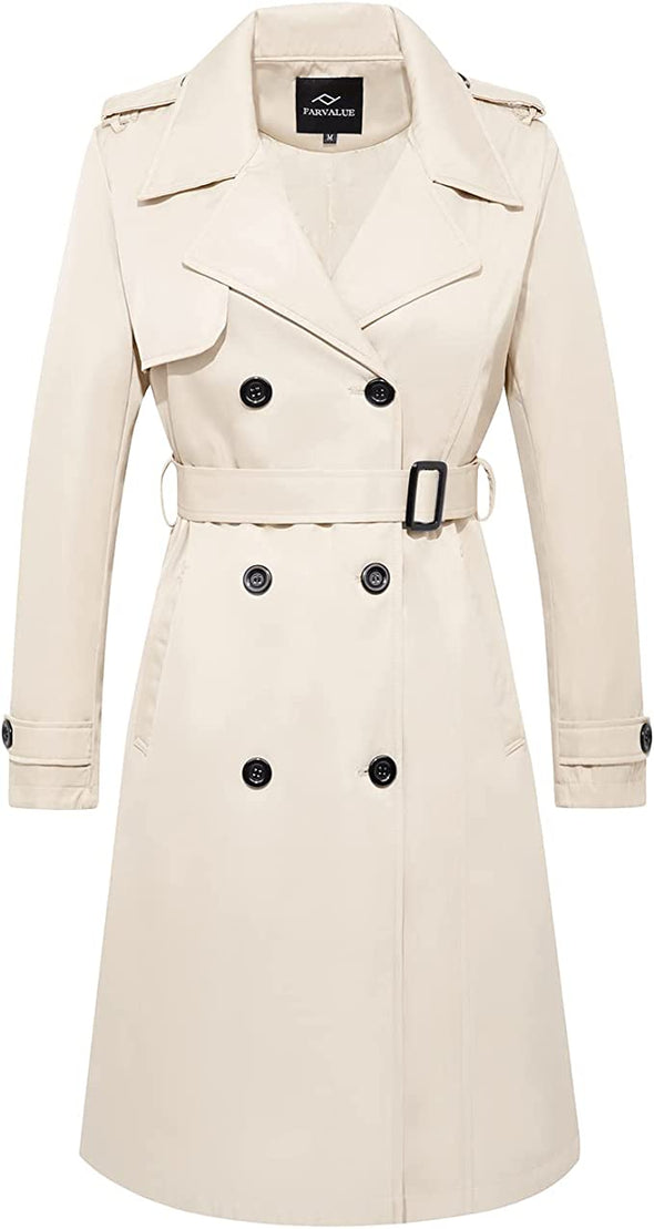Women's Trench Coat Double-Breasted Classic Lapel Overcoat Belted Slim Outerwear Coat with Detachable Hood